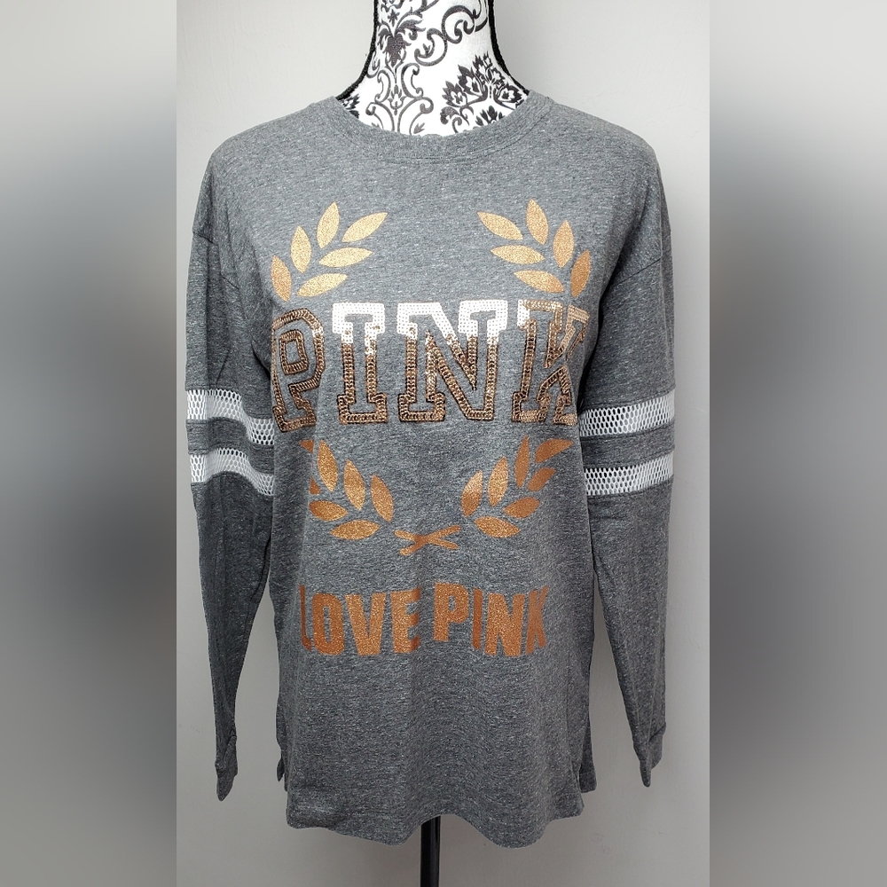 Victoria's Secret Pink Long Sleeve Shirt Top Gray/White/Gold Bling XS